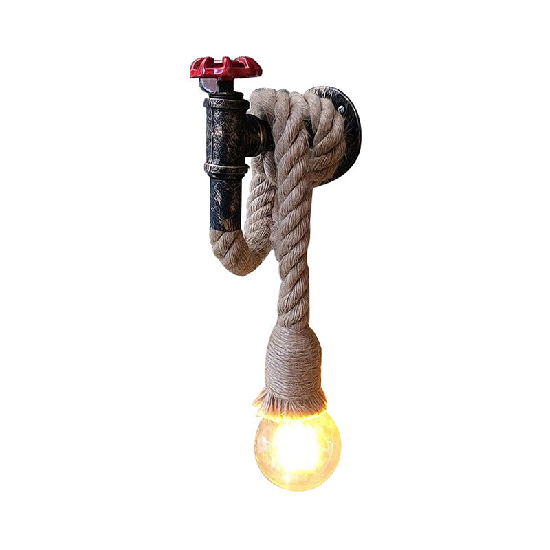 Water Pipe Metal Wall Light Lodge Style 1 Bulb Sconce Lighting Fixture with Hanging Rope in Beige Clearhalo 'Art deco wall lights' 'Cast Iron' 'Glass' 'Industrial wall lights' 'Industrial' 'Middle century wall lights' 'Modern' 'Rustic wall lights' 'Tiffany' 'Traditional wall lights' 'Wall Lamps & Sconces' 'Wall Lights' Lighting' 138843