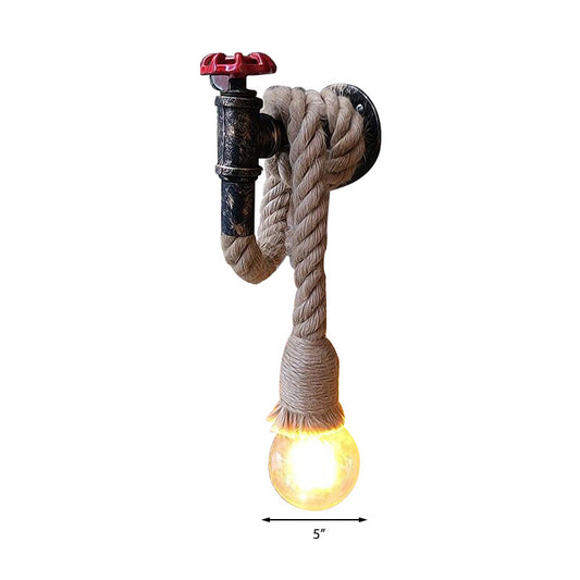 Water Pipe Metal Wall Light Lodge Style 1 Bulb Sconce Lighting Fixture with Hanging Rope in Beige Clearhalo 'Art deco wall lights' 'Cast Iron' 'Glass' 'Industrial wall lights' 'Industrial' 'Middle century wall lights' 'Modern' 'Rustic wall lights' 'Tiffany' 'Traditional wall lights' 'Wall Lamps & Sconces' 'Wall Lights' Lighting' 138844