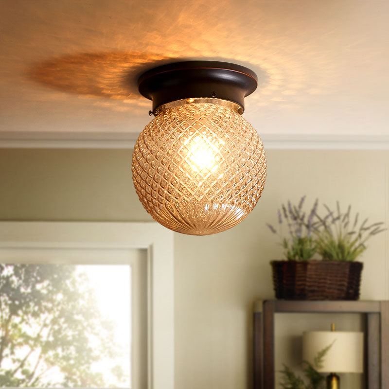 One Light Globe Flush Mount Black/Clear Industrial Ribbed/Opal/Prismatic Glass Lighting Fixture, 6"/6.5" Wide Clear 6.5" Clearhalo 'Ceiling Lights' 'Close To Ceiling Lights' 'Close to ceiling' 'Flush mount' 'Industrial Flush Mount' Lighting' 138845