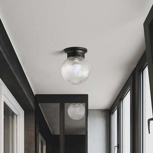 One Light Globe Flush Mount Black/Clear Industrial Ribbed/Opal/Prismatic Glass Lighting Fixture, 6"/6.5" Wide Clear 6" Clearhalo 'Ceiling Lights' 'Close To Ceiling Lights' 'Close to ceiling' 'Flush mount' 'Industrial Flush Mount' Lighting' 138849