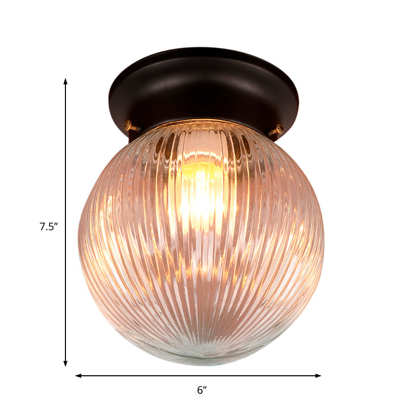 One Light Globe Flush Mount Black/Clear Industrial Ribbed/Opal/Prismatic Glass Lighting Fixture, 6"/6.5" Wide Clearhalo 'Ceiling Lights' 'Close To Ceiling Lights' 'Close to ceiling' 'Flush mount' 'Industrial Flush Mount' Lighting' 138852