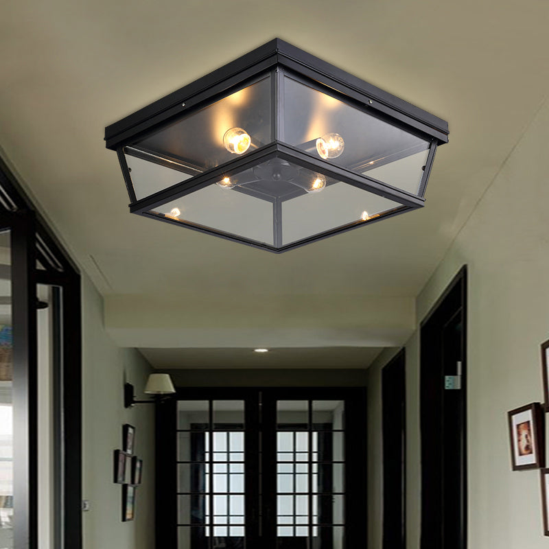 2/4 Bulbs Ceiling Light Industrial Square/Hexagon Cage Glass Flush Mount Lighting in Clear/Black 4 Black Square Clearhalo 'Ceiling Lights' 'Close To Ceiling Lights' 'Close to ceiling' 'Flush mount' 'Industrial Flush Mount' Lighting' 138920
