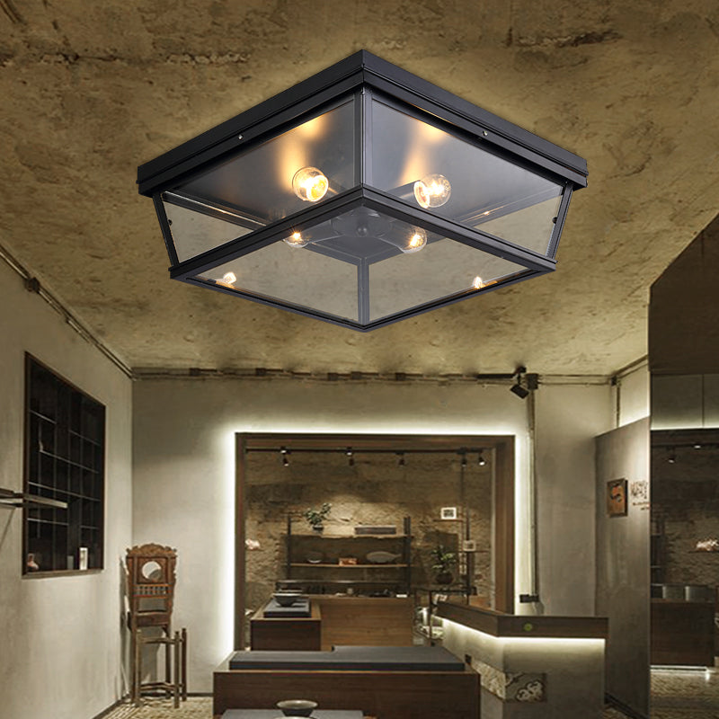 2/4 Bulbs Ceiling Light Industrial Square/Hexagon Cage Glass Flush Mount Lighting in Clear/Black Clearhalo 'Ceiling Lights' 'Close To Ceiling Lights' 'Close to ceiling' 'Flush mount' 'Industrial Flush Mount' Lighting' 138921