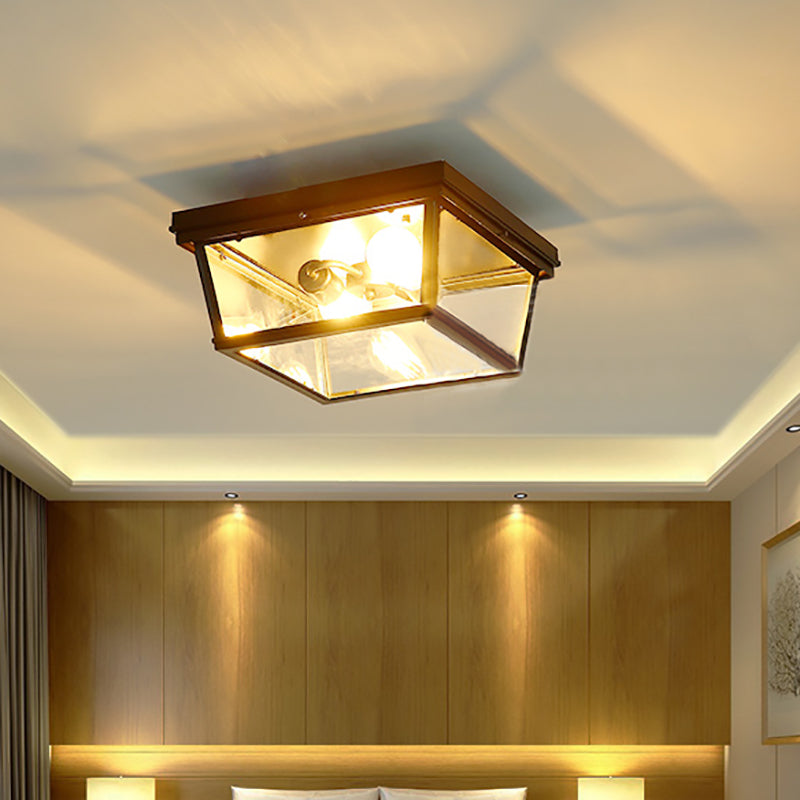 2/4 Bulbs Ceiling Light Industrial Square/Hexagon Cage Glass Flush Mount Lighting in Clear/Black Clearhalo 'Ceiling Lights' 'Close To Ceiling Lights' 'Close to ceiling' 'Flush mount' 'Industrial Flush Mount' Lighting' 138926