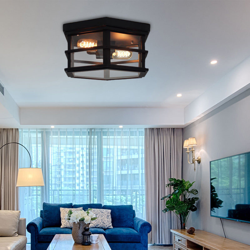 2/4 Bulbs Ceiling Light Industrial Square/Hexagon Cage Glass Flush Mount Lighting in Clear/Black 2 Black Hexagon Clearhalo 'Ceiling Lights' 'Close To Ceiling Lights' 'Close to ceiling' 'Flush mount' 'Industrial Flush Mount' Lighting' 138929