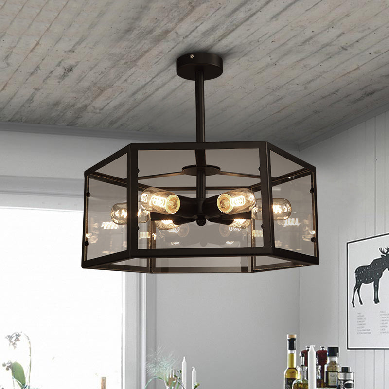 6 Bulbs Semi Flush Mount Vintage Geometric Clear Glass Ceiling Light in Black for Kitchen Clearhalo 'Ceiling Lights' 'Close To Ceiling Lights' 'Close to ceiling' 'Semi-flushmount' Lighting' 138952