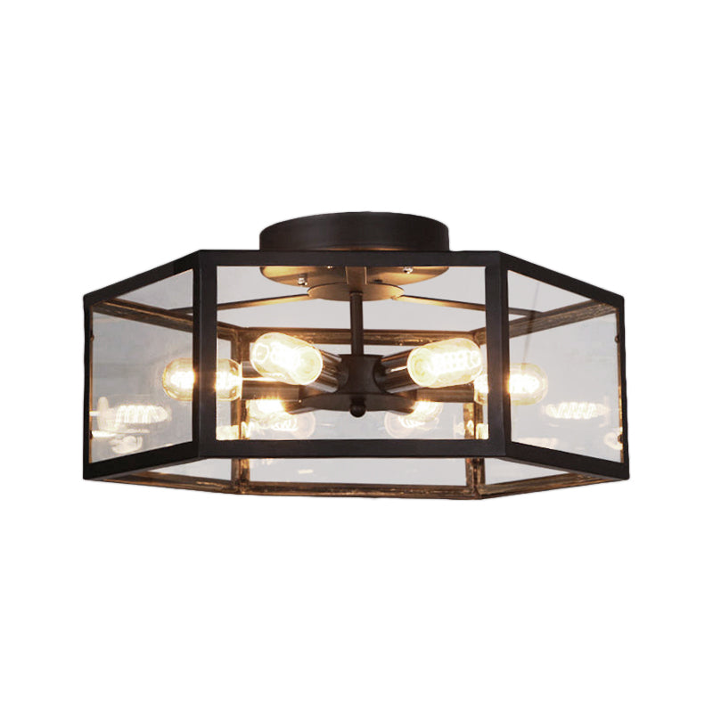 6 Bulbs Semi Flush Mount Vintage Geometric Clear Glass Ceiling Light in Black for Kitchen Clearhalo 'Ceiling Lights' 'Close To Ceiling Lights' 'Close to ceiling' 'Semi-flushmount' Lighting' 138956