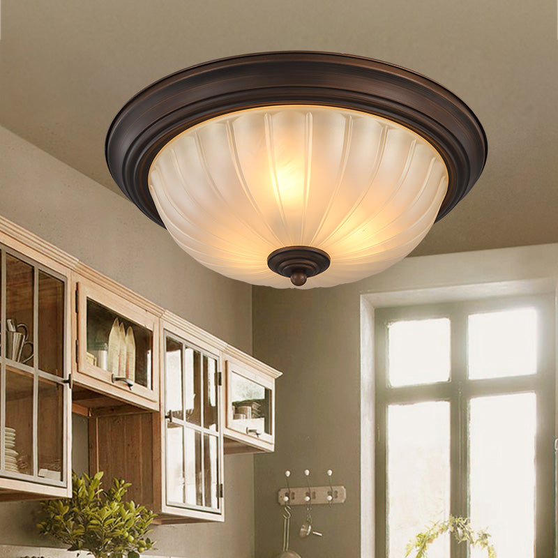 Bowl Frosted Ribbed Glass Flush Fixture Vintage Style 2 Bulbs Hallway Light Fixture in Black White Clearhalo 'Ceiling Lights' 'Close To Ceiling Lights' 'Close to ceiling' 'Flush mount' 'Industrial Flush Mount' Lighting' 138994