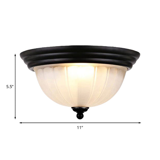 Bowl Frosted Ribbed Glass Flush Fixture Vintage Style 2 Bulbs Hallway Light Fixture in Black Clearhalo 'Ceiling Lights' 'Close To Ceiling Lights' 'Close to ceiling' 'Flush mount' 'Industrial Flush Mount' Lighting' 138997