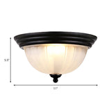Bowl Frosted Ribbed Glass Flush Fixture Vintage Style 2 Bulbs Hallway Light Fixture in Black