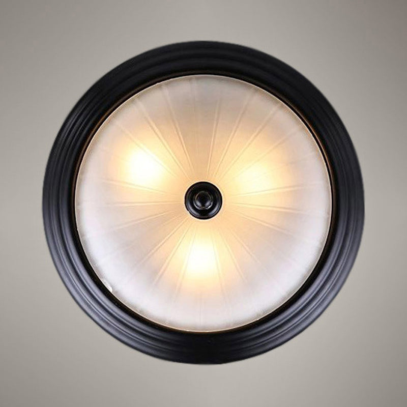 Bowl Frosted Ribbed Glass Flush Fixture Vintage Style 2 Bulbs Hallway Light Fixture in Black