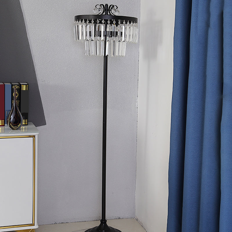 Crystal Black Standing Floor Lamp 2-Teir Drum 1 Blub Contemporary Standing light Black Clearhalo 'Floor Lamps' 'Lamps' Lighting' 1391137