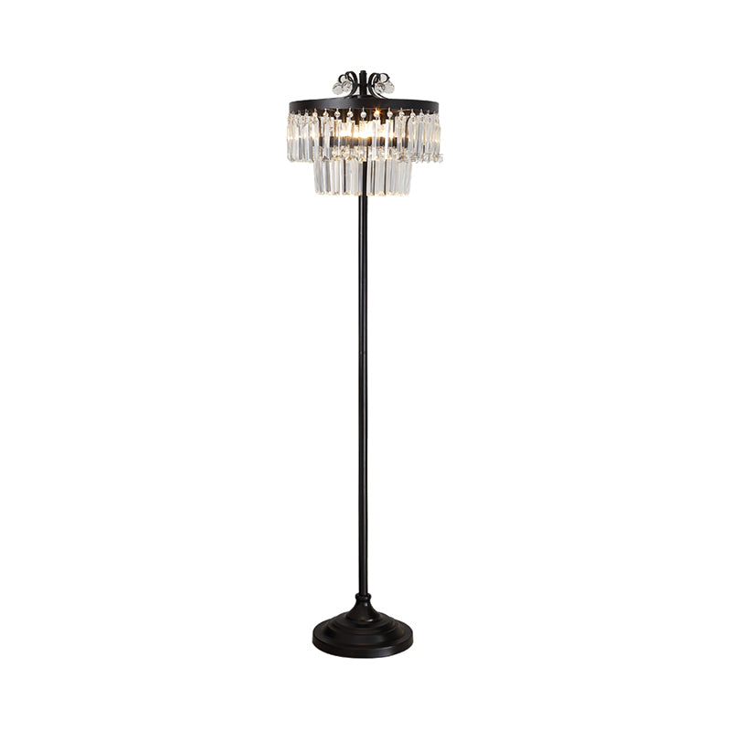 Crystal Black Standing Floor Lamp 2-Teir Drum 1 Blub Contemporary Standing light Clearhalo 'Floor Lamps' 'Lamps' Lighting' 1391138