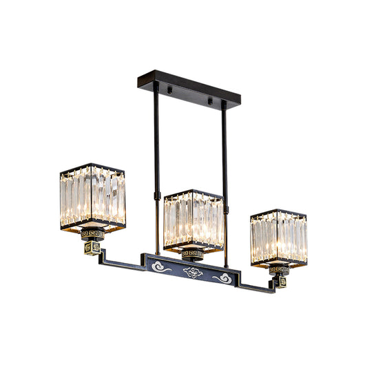 3 Heads Crystal Island Chandelier Light Traditional Black Square Dinning Room Island Lamp Clearhalo 'Ceiling Lights' 'Island Lights' Lighting' 1391143