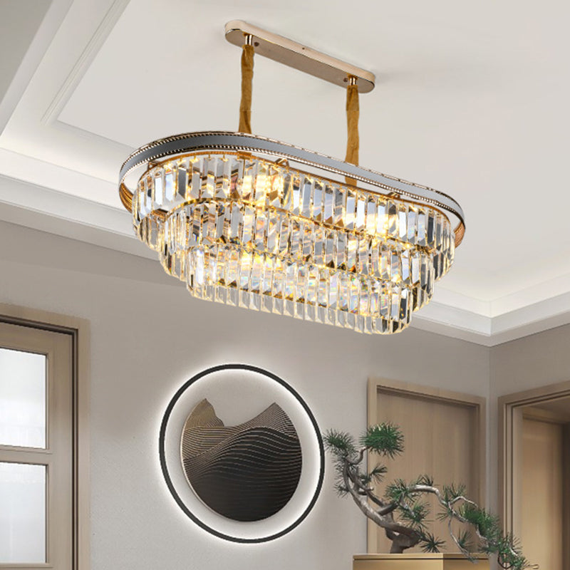 3-Tier Oval Island Pendant Light Contemporary Clear Crystal 8 Heads Living Room Hanging Lamp Clear Clearhalo 'Ceiling Lights' 'Island Lights' Lighting' 1391145