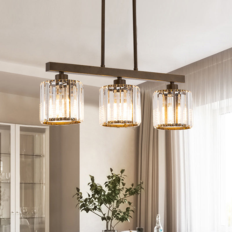 Clear Crystal Cylindrical Island Chandelier Traditional 3 Bulbs Dinning Room Hanging Light in Black Clear Clearhalo 'Ceiling Lights' 'Island Lights' Lighting' 1391149