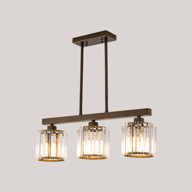 Clear Crystal Cylindrical Island Chandelier Traditional 3 Bulbs Dinning Room Hanging Light in Black Clearhalo 'Ceiling Lights' 'Island Lights' Lighting' 1391151