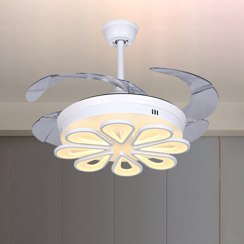 Contemporary Floral Hanging Fan Lamp Acrylic LED White Close to Ceiling Light with 4 Clear Blades, 42" W White Clearhalo 'Ceiling Fans with Lights' 'Ceiling Fans' 'Modern Ceiling Fans' 'Modern' Lighting' 1391539