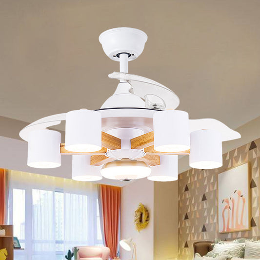 Nordic Cylinder Semi Flush Acrylic 42" W 6-Head Living Room Pendant Fan Light with 3 Clear Blades in Blue/White White Clearhalo 'Ceiling Fans with Lights' 'Ceiling Fans' 'Modern Ceiling Fans' 'Modern' Lighting' 1391580