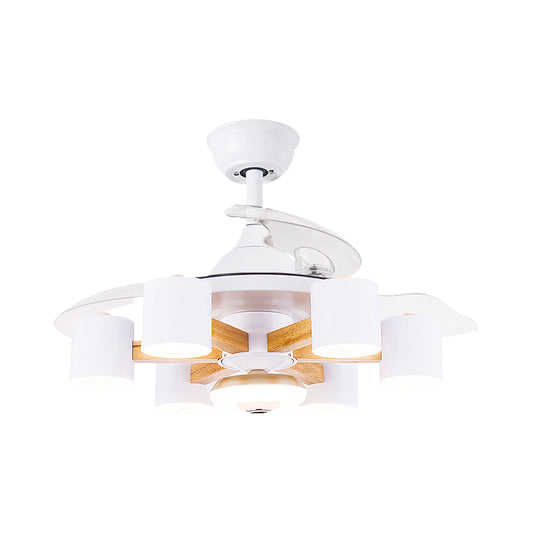 Nordic Cylinder Semi Flush Acrylic 42" W 6-Head Living Room Pendant Fan Light with 3 Clear Blades in Blue/White Clearhalo 'Ceiling Fans with Lights' 'Ceiling Fans' 'Modern Ceiling Fans' 'Modern' Lighting' 1391582