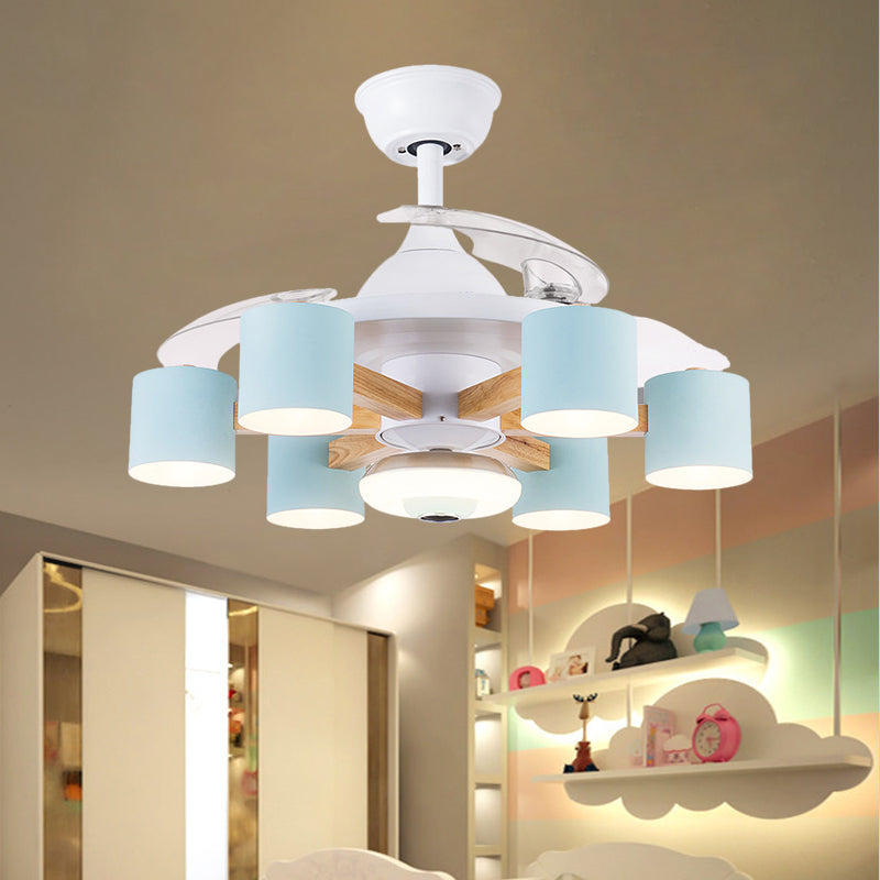 Nordic Cylinder Semi Flush Acrylic 42" W 6-Head Living Room Pendant Fan Light with 3 Clear Blades in Blue/White Clearhalo 'Ceiling Fans with Lights' 'Ceiling Fans' 'Modern Ceiling Fans' 'Modern' Lighting' 1391585