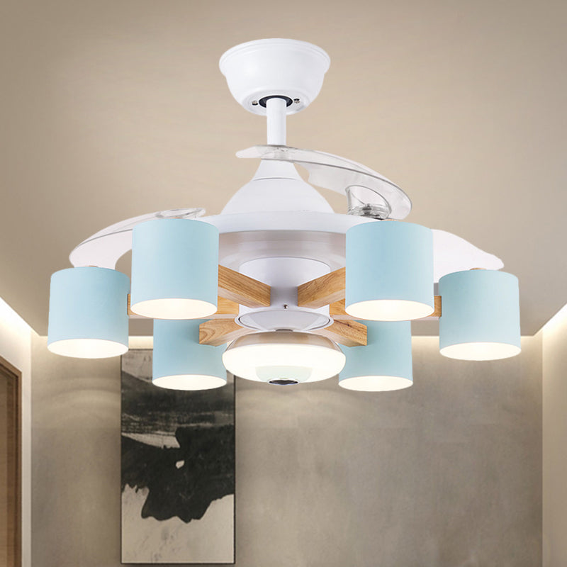 Nordic Cylinder Semi Flush Acrylic 42" W 6-Head Living Room Pendant Fan Light with 3 Clear Blades in Blue/White Clearhalo 'Ceiling Fans with Lights' 'Ceiling Fans' 'Modern Ceiling Fans' 'Modern' Lighting' 1391586