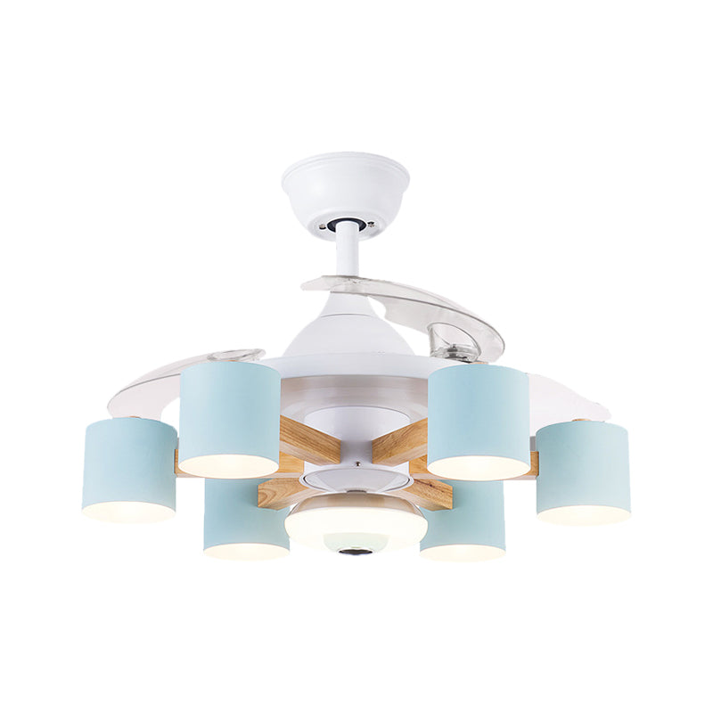 Nordic Cylinder Semi Flush Acrylic 42" W 6-Head Living Room Pendant Fan Light with 3 Clear Blades in Blue/White Clearhalo 'Ceiling Fans with Lights' 'Ceiling Fans' 'Modern Ceiling Fans' 'Modern' Lighting' 1391587