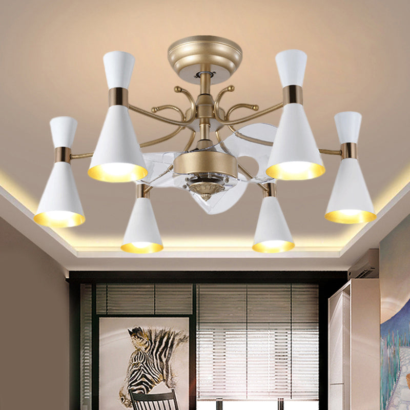 27.5" Width Flaring Hanging Fan Light Contemporary Acrylic 6 Bulbs White 3-Blade Semi Mount Lighting with Curvy Arm White Clearhalo 'Ceiling Fans with Lights' 'Ceiling Fans' 'Modern Ceiling Fans' 'Modern' Lighting' 1391588