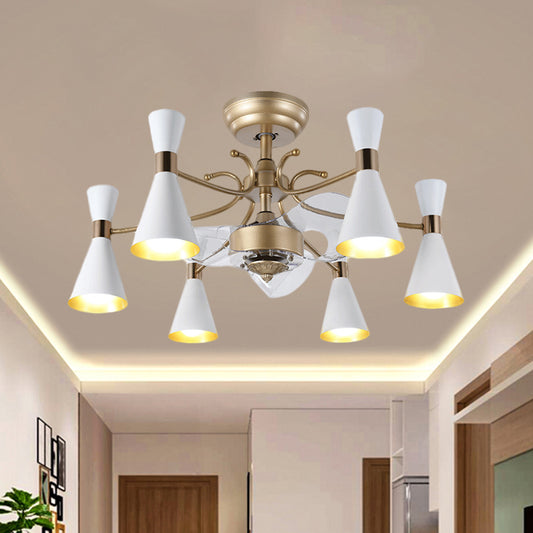 27.5" Width Flaring Hanging Fan Light Contemporary Acrylic 6 Bulbs White 3-Blade Semi Mount Lighting with Curvy Arm Clearhalo 'Ceiling Fans with Lights' 'Ceiling Fans' 'Modern Ceiling Fans' 'Modern' Lighting' 1391589
