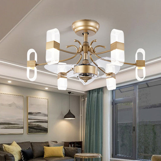 Gold Oblong Frame Semi Flush Simplicity 27.5" Wide 6-Light Acrylic Ceiling Fan Lighting with 3 Blades Clearhalo 'Ceiling Fans with Lights' 'Ceiling Fans' 'Modern Ceiling Fans' 'Modern' Lighting' 1391593