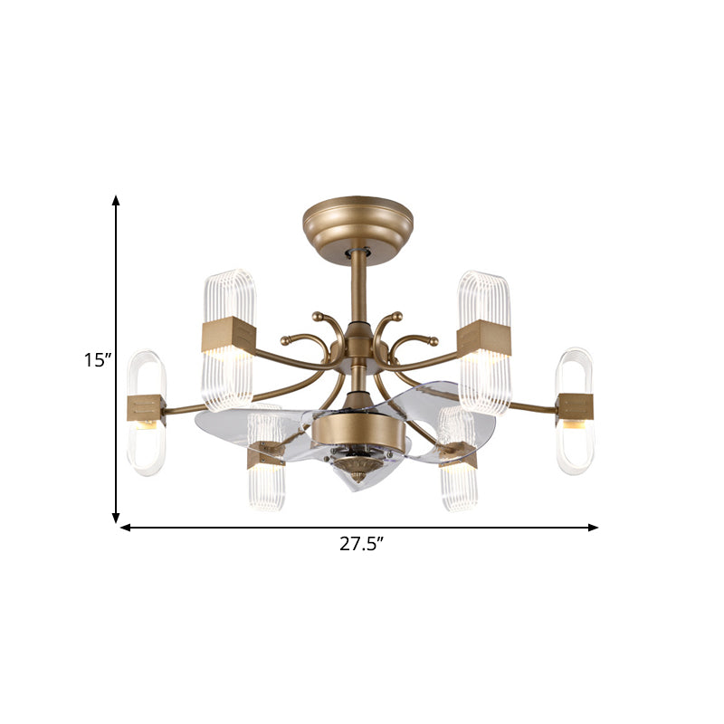 Gold Oblong Frame Semi Flush Simplicity 27.5" Wide 6-Light Acrylic Ceiling Fan Lighting with 3 Blades Clearhalo 'Ceiling Fans with Lights' 'Ceiling Fans' 'Modern Ceiling Fans' 'Modern' Lighting' 1391595
