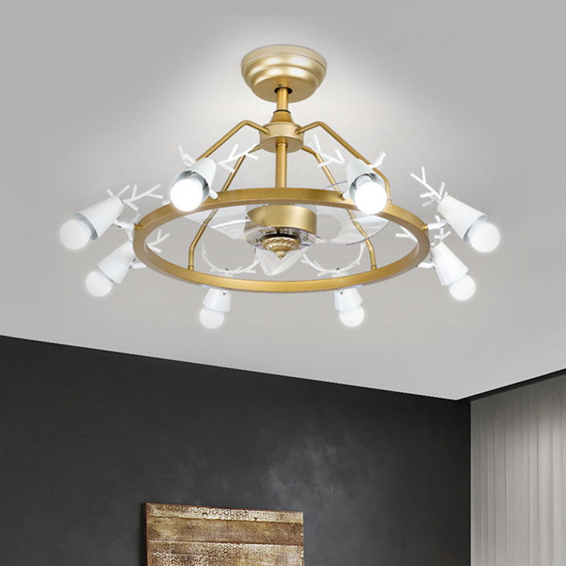 35.5" Wide Tapered Ring Semi Flush Lamp Modernist Acrylic 8-Bulb Gold 3-Blade Pendant Fan Light with Antler Design Gold Clearhalo 'Ceiling Fans with Lights' 'Ceiling Fans' 'Modern Ceiling Fans' 'Modern' Lighting' 1391600