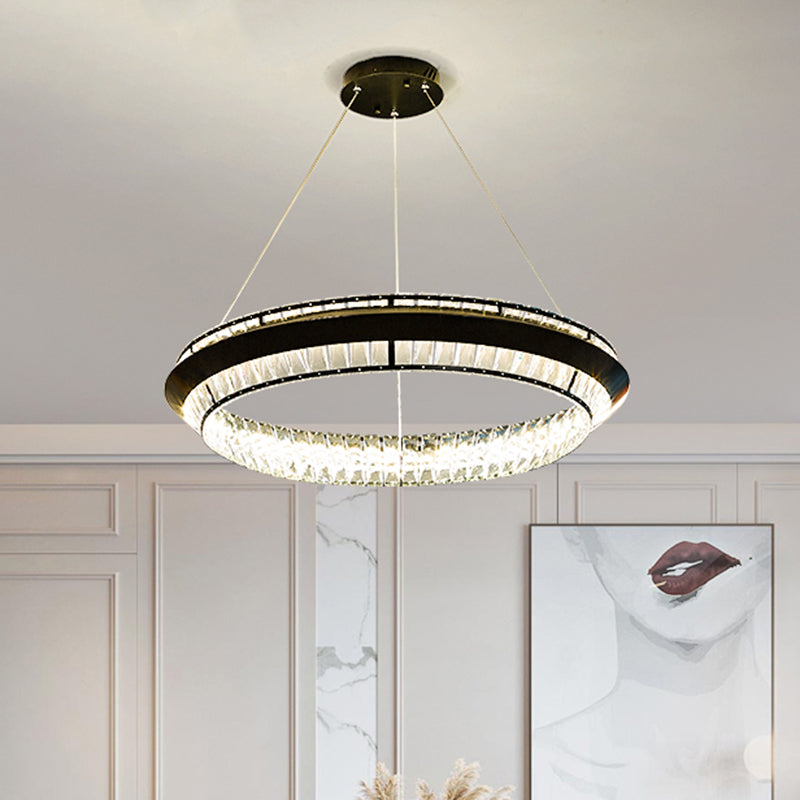 Contemporary Style Ring Chandelier Lighting Rectangle-Cut Crystal LED Pendulum Lamp in Black Black Clearhalo 'Ceiling Lights' 'Chandeliers' 'Modern Chandeliers' 'Modern' Lighting' 1391720