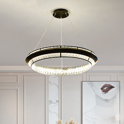 Contemporary Style Ring Chandelier Lighting Rectangle-Cut Crystal LED Pendulum Lamp in Black Black Clearhalo 'Ceiling Lights' 'Chandeliers' 'Modern Chandeliers' 'Modern' Lighting' 1391720