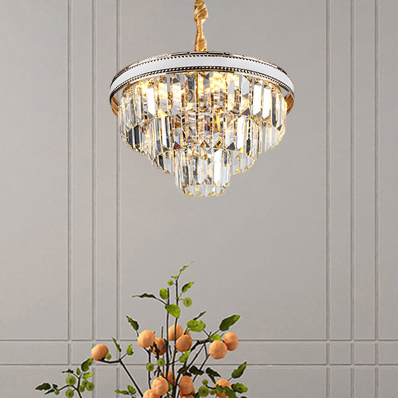 16/6 Lights Tapered Hanging Chandelier Modern Clear Crystal Prism Ceiling Pendant Lamp, 31.5"/18.5" Wide Clear 18.5" Clearhalo 'Ceiling Lights' 'Chandeliers' 'Clear' 'Industrial' 'Modern Chandeliers' 'Modern' 'Tiffany' 'Traditional Chandeliers' Lighting' 1391742