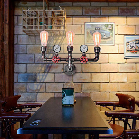 Antique Copper Water Pipe Wall Lighting with Pressure Gauge Rustic Iron 2/3 Heads Restaurant Wall Mount Light 3.0 Weathered Copper Clearhalo 'Art deco wall lights' 'Cast Iron' 'Glass' 'Industrial wall lights' 'Industrial' 'Middle century wall lights' 'Modern' 'Rustic wall lights' 'Tiffany' 'Traditional wall lights' 'Wall Lamps & Sconces' 'Wall Lights' Lighting' 139184