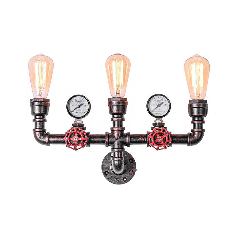 Antique Copper Water Pipe Wall Lighting with Pressure Gauge Rustic Iron 2/3 Heads Restaurant Wall Mount Light Clearhalo 'Art deco wall lights' 'Cast Iron' 'Glass' 'Industrial wall lights' 'Industrial' 'Middle century wall lights' 'Modern' 'Rustic wall lights' 'Tiffany' 'Traditional wall lights' 'Wall Lamps & Sconces' 'Wall Lights' Lighting' 139185