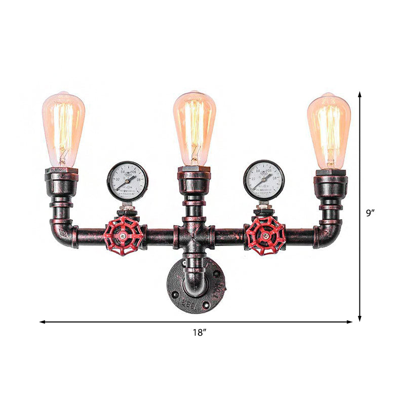 Antique Copper Water Pipe Wall Lighting with Pressure Gauge Rustic Iron 2/3 Heads Restaurant Wall Mount Light Clearhalo 'Art deco wall lights' 'Cast Iron' 'Glass' 'Industrial wall lights' 'Industrial' 'Middle century wall lights' 'Modern' 'Rustic wall lights' 'Tiffany' 'Traditional wall lights' 'Wall Lamps & Sconces' 'Wall Lights' Lighting' 139186