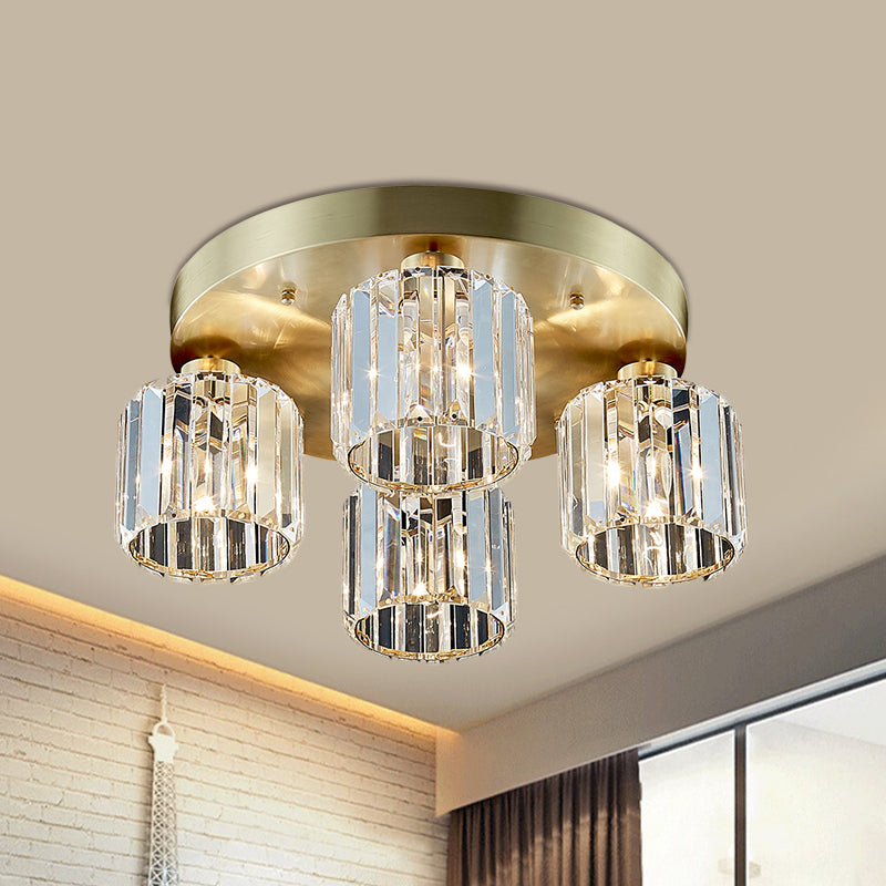 Contemporary Cylindrical Semi Flush Lighting 4 Bulbs Crystal Close to Ceiling Chandelier in Gold Gold Clearhalo 'Ceiling Lights' 'Close To Ceiling Lights' 'Close to ceiling' 'Semi-flushmount' Lighting' 1391899