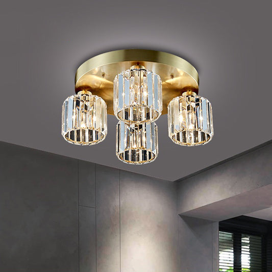 Contemporary Cylindrical Semi Flush Lighting 4 Bulbs Crystal Close to Ceiling Chandelier in Gold Clearhalo 'Ceiling Lights' 'Close To Ceiling Lights' 'Close to ceiling' 'Semi-flushmount' Lighting' 1391900