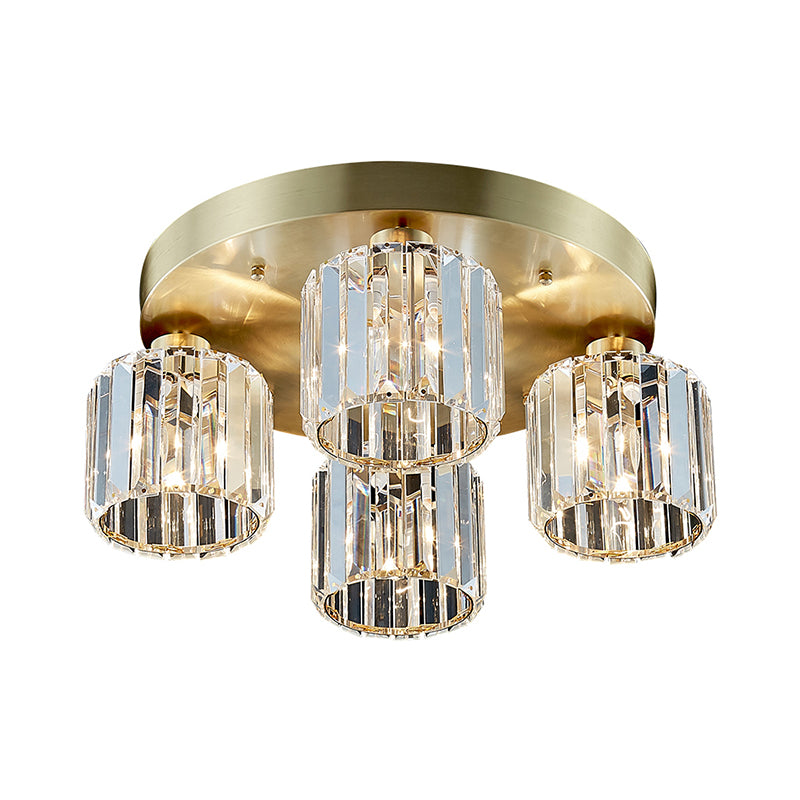 Contemporary Cylindrical Semi Flush Lighting 4 Bulbs Crystal Close to Ceiling Chandelier in Gold Clearhalo 'Ceiling Lights' 'Close To Ceiling Lights' 'Close to ceiling' 'Semi-flushmount' Lighting' 1391901