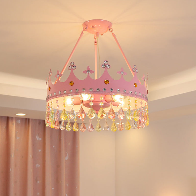 3/5 Lights Crystal Semi Mount Lighting Modern Pink Crown Bedroom Ceiling Mounted Fixture, 12"/18" Wide Pink Clearhalo 'Ceiling Lights' 'Close To Ceiling Lights' 'Close to ceiling' 'Semi-flushmount' Lighting' 1391917