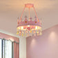 3/5 Lights Crystal Semi Mount Lighting Modern Pink Crown Bedroom Ceiling Mounted Fixture, 12"/18" Wide Clearhalo 'Ceiling Lights' 'Close To Ceiling Lights' 'Close to ceiling' 'Semi-flushmount' Lighting' 1391918