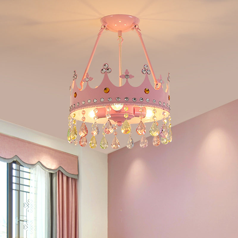 3/5 Lights Crystal Semi Mount Lighting Modern Pink Crown Bedroom Ceiling Mounted Fixture, 12"/18" Wide Clearhalo 'Ceiling Lights' 'Close To Ceiling Lights' 'Close to ceiling' 'Semi-flushmount' Lighting' 1391918