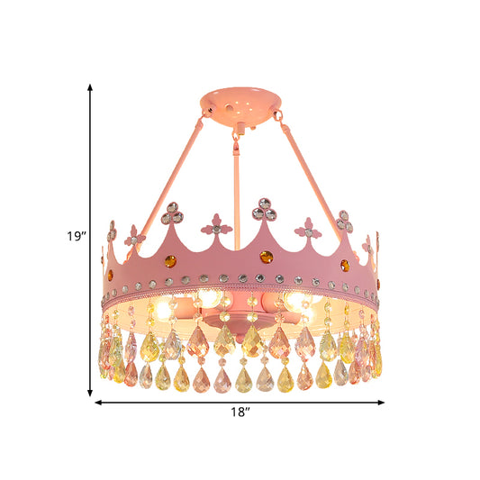3/5 Lights Crystal Semi Mount Lighting Modern Pink Crown Bedroom Ceiling Mounted Fixture, 12"/18" Wide Clearhalo 'Ceiling Lights' 'Close To Ceiling Lights' 'Close to ceiling' 'Semi-flushmount' Lighting' 1391921