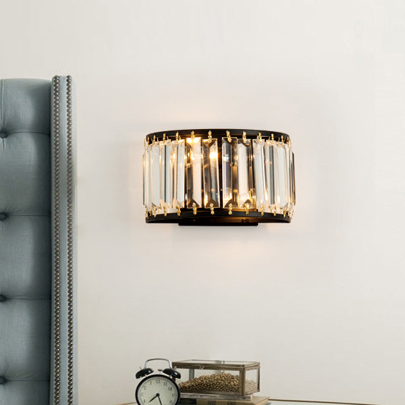 2 Bulbs Surface Wall Sconce Modern Half Shade Crystal Wall Mounted Light Fixture in Black Black Clearhalo 'Modern wall lights' 'Modern' 'Wall Lamps & Sconces' 'Wall Lights' Lighting' 1391955