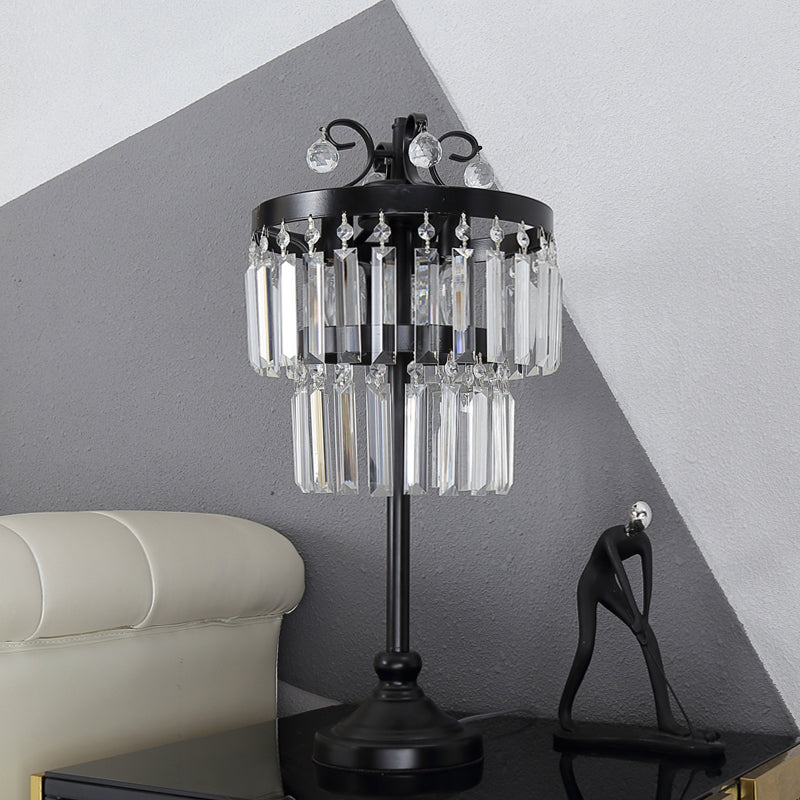 Crystal Dual-Layered Drum Table Lamp Traditional 1 Head Bedchamber Night Light in Black Black Clearhalo 'Lamps' 'Table Lamps' Lighting' 1391979