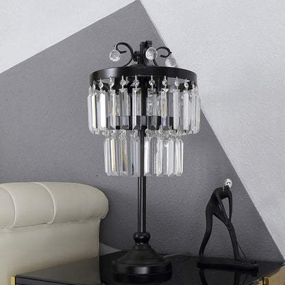Crystal Dual-Layered Drum Table Lamp Traditional 1 Head Bedchamber Night Light in Black Black Clearhalo 'Lamps' 'Table Lamps' Lighting' 1391979