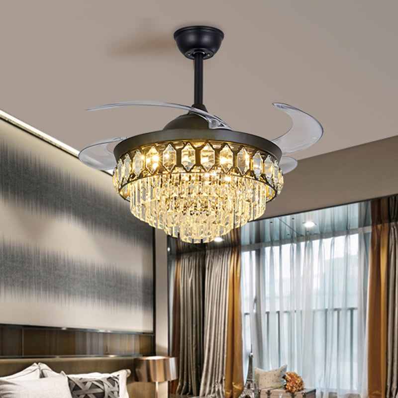 19.5" Wide LED Ceiling Fan Lamp Traditional Layered Crystal Semi Flush Light, 4 Blades Black Clearhalo 'Ceiling Fans with Lights' 'Ceiling Fans' Lighting' 1391987