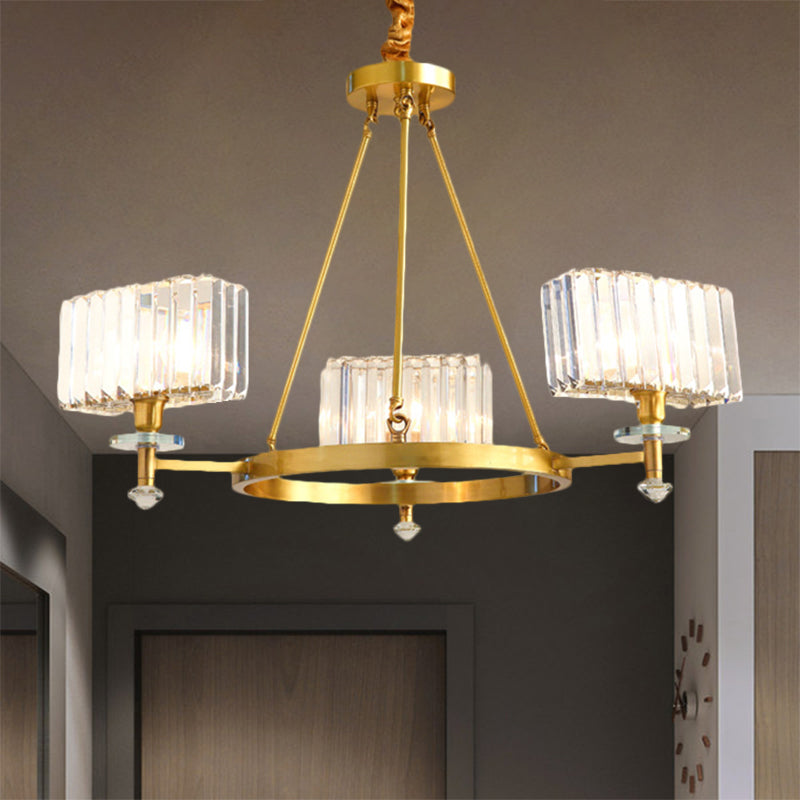 3/6 Bulbs Suspension Lighting Contemporary Cuboid Crystal Pendant Chandelier in Gold 3 Gold Clearhalo 'Ceiling Lights' 'Chandeliers' 'Modern Chandeliers' 'Modern' Lighting' 1391995